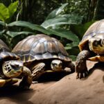 Three tortoises walking on a rock in the jungle.