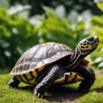A tortoise walking on the grass in a garden.