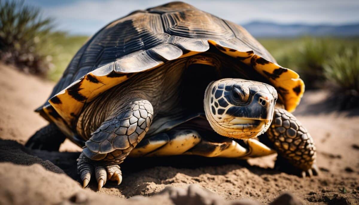 A large tortoise is walking through the sand.