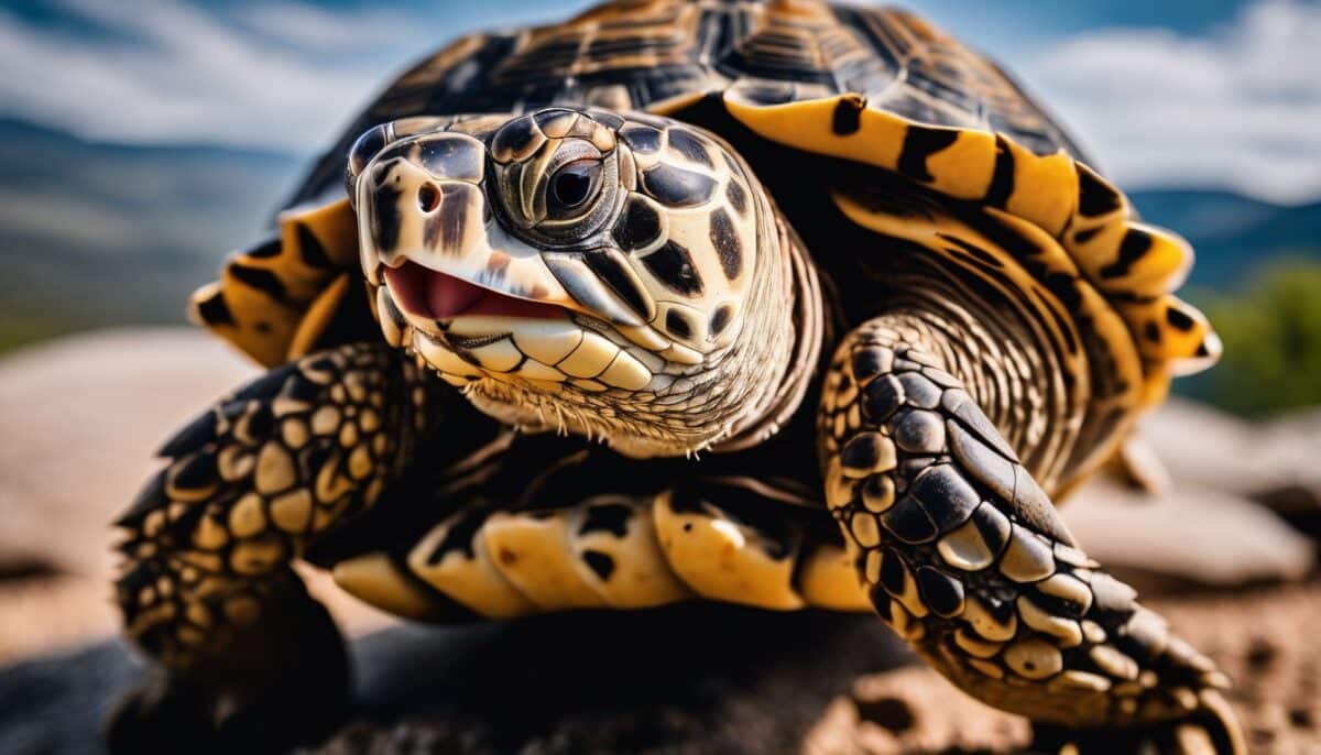 A close up of a tortoise with its mouth open.